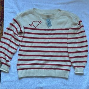 LOFT Cream and Red Striped Heart Sweater